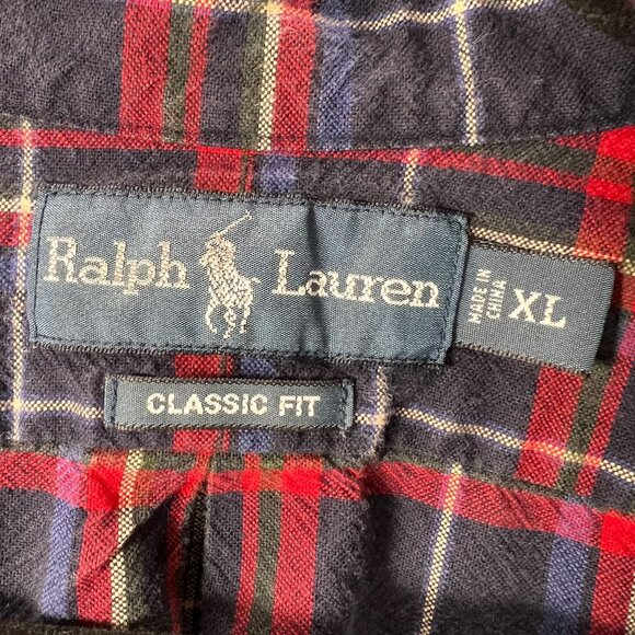 Ralph Lauren Mens Flannel Shirt Navy Blue Red Plaid Button Up XL Classic Fit - Picture 5 of 14